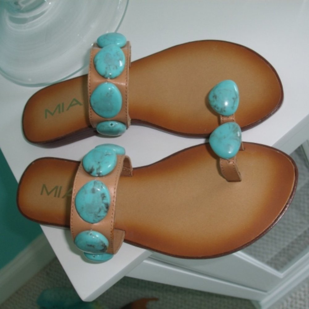 MIA Tan Sandals with Turquoise Accents